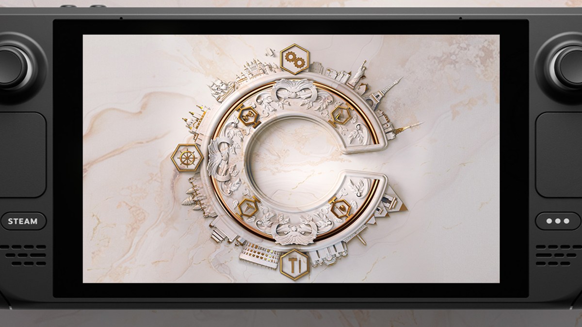 Bild eines Steam Decks, auf dem das Logo des Handheld-PCs im Civ 7-Stil gehalten ist.