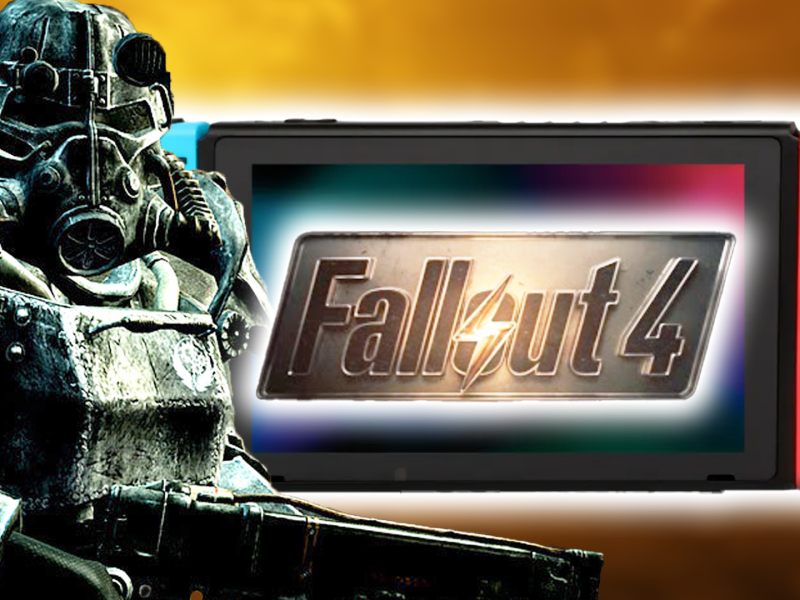 Eine Bildmontage, die ein Mitglied der StÃ¤hlernen Bruderschaft gekleidet im Power-Anzug zeigt. Daneben: Eine Nintendo-Switch, auf der das Fallout 4-Logo prangt.