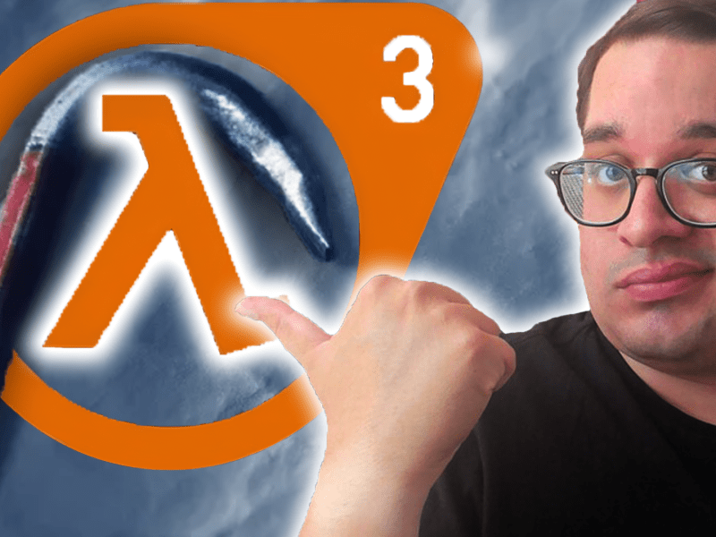 Eine Bildmontage, die einen Redakteur des Spielemagazins 4P zeigt, das Half-Life-Logo und die Brechstange von Gordon Freeman.