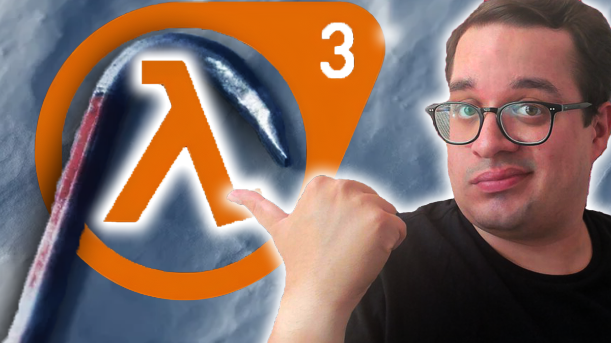 Eine Bildmontage, die einen Redakteur des Spielemagazins 4P zeigt, das Half-Life-Logo und die Brechstange von Gordon Freeman.