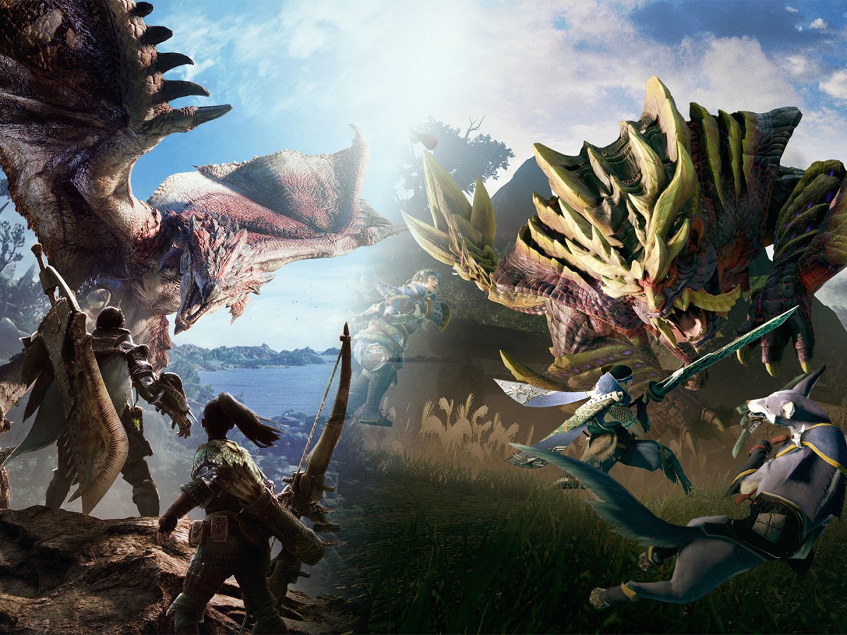 Ein Bild von Monster Hunter World das in ein Bild von Monster Hunter Rise Ã¼bergeht.