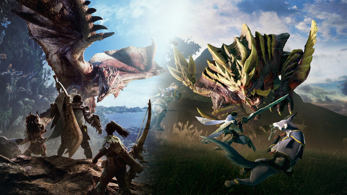 Ein Bild von Monster Hunter World das in ein Bild von Monster Hunter Rise Ã¼bergeht.