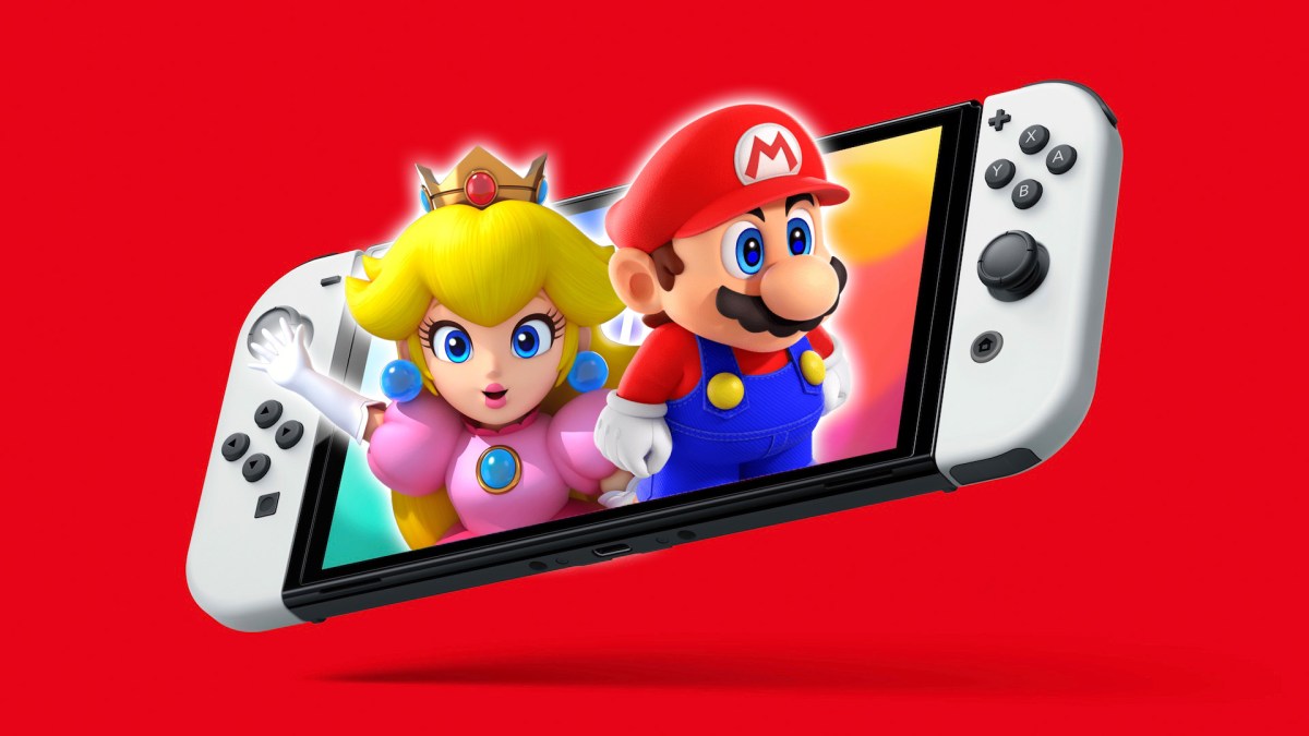 Eine Nintendo Switch OLED mit Mario und Peach.