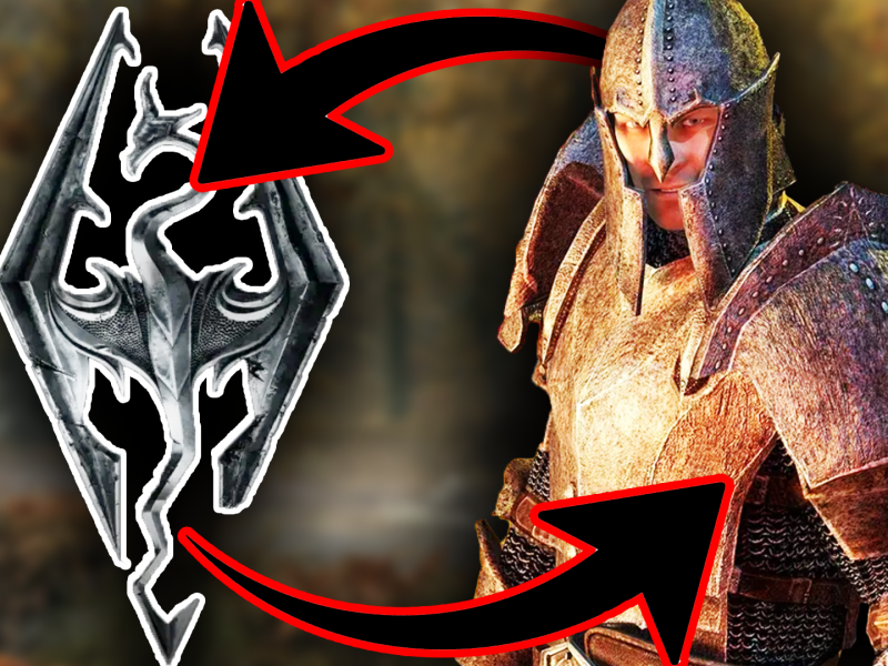 Eine Bildmontage, die einen mÃ¤nnlich gelesenen Charakter aus The Elder Scrolls IV: Oblivion zeigt. Daneben: Das Wappen aus The Elder Scrolls V: Skyrim.