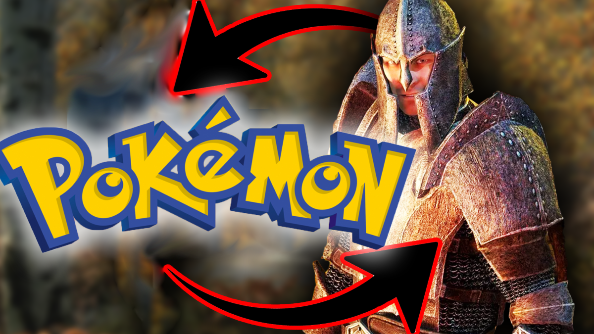 Eine Bildmontage, die den PokÃ©mon-Schriftzug zeigt und einen Ritter-Charakter aus einem The Elder Scrolls-Rollenspiel.