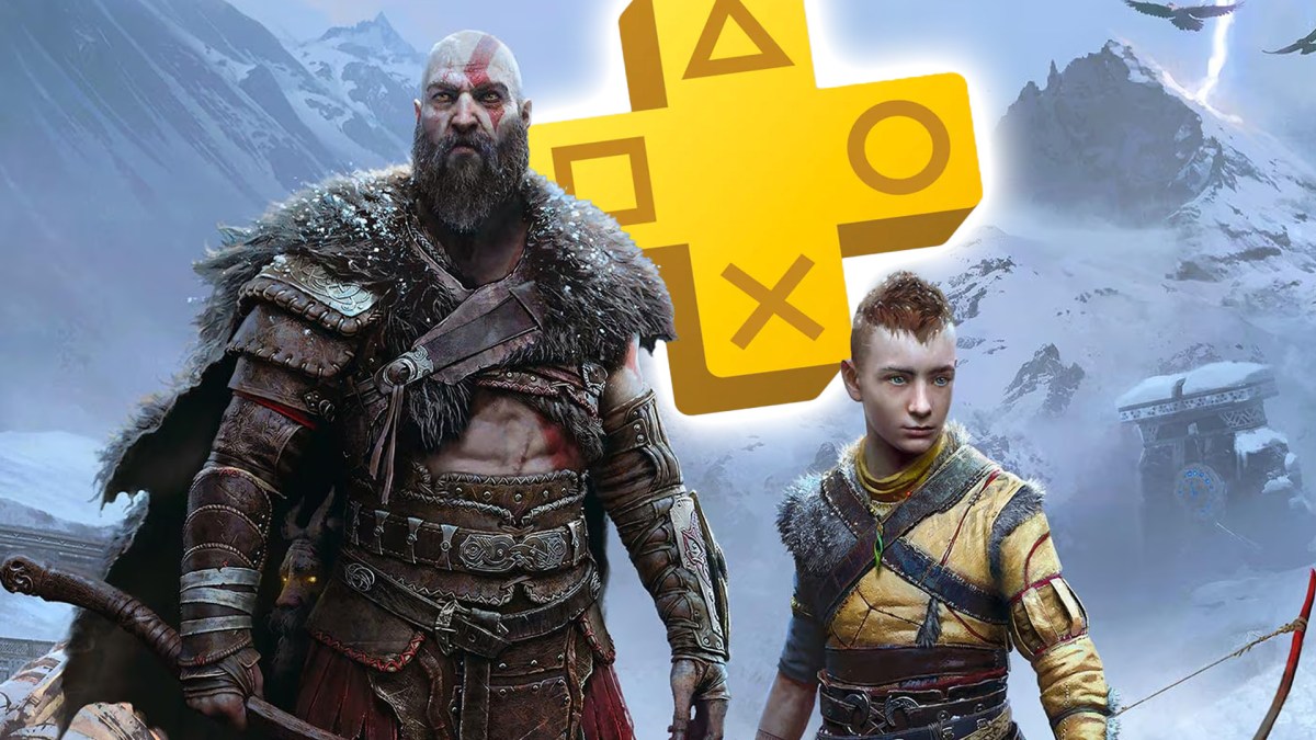 Screenshot aus God of War RagnarÃ¶k, versehen mit dem PS Plus Logo.