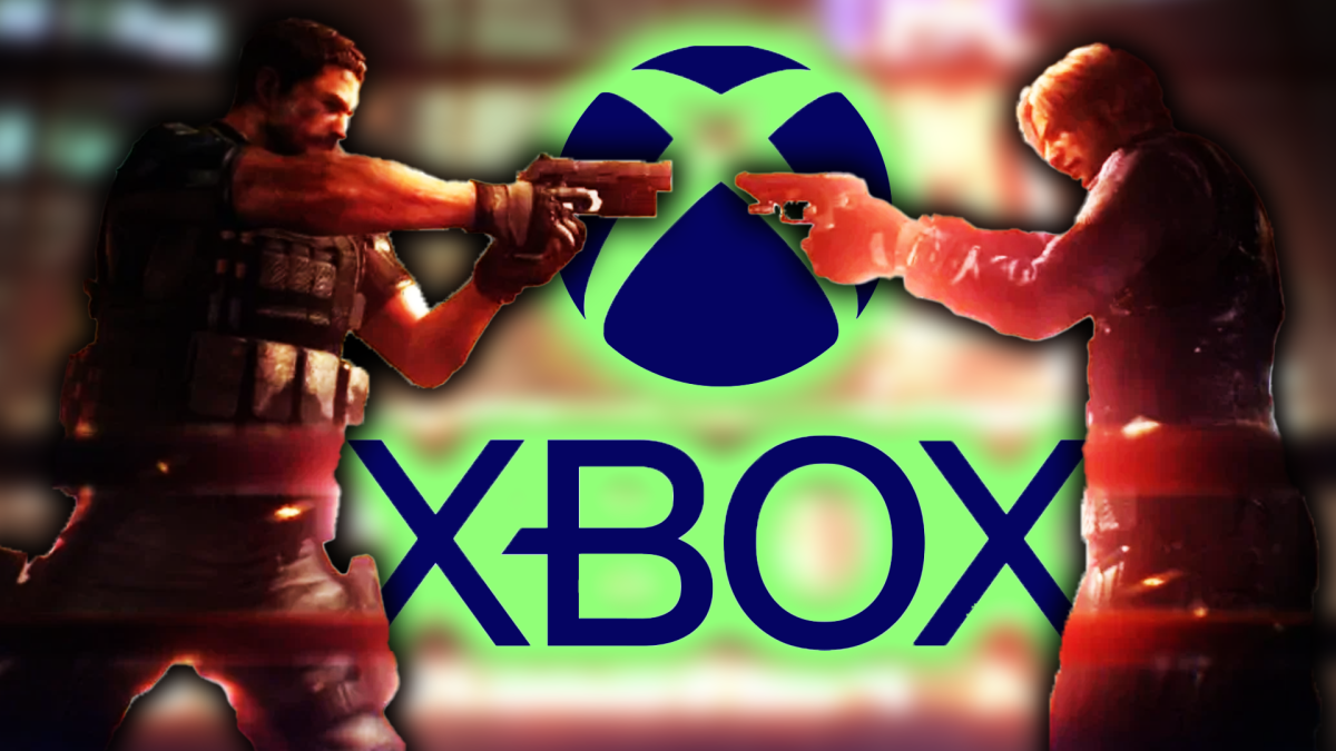 Eine Bildmontage, die zwei mÃ¤nnlich gelesene Charaktere aus Resident Evil 6 zeigt. Zwischen beiden befindet sich das Xbox-Logo.