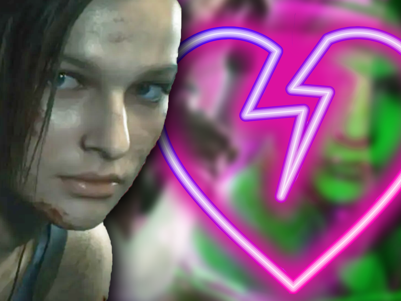 Eine Bildmontage, die Jill Valentine aus Resident Evil 3 Remake zeigt. Daneben: Ein zerbrochenes Herz in Neon-Optik.