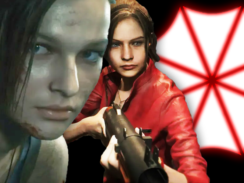 Eine Bildmontage mit drei Bildbestandteilen: Jill Valentine, Claire Redfield und das Umbrella-Logo.