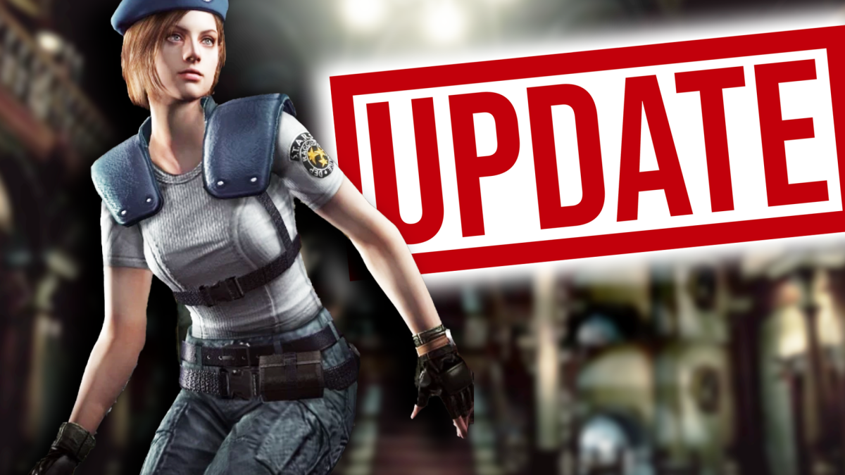 Eine Bildmontage, die Jill Valentine aus Resident Evil zeigt - und einen roten Update-Button.