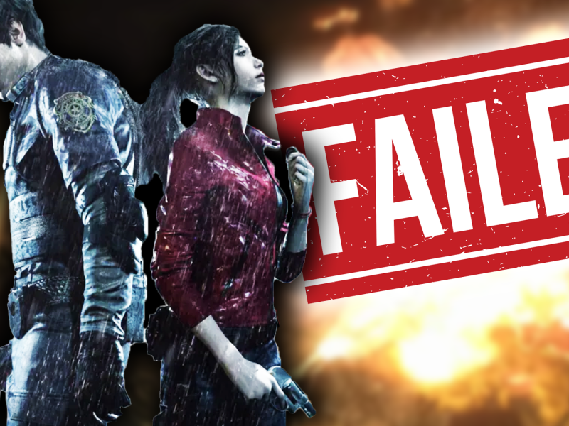 Eine Bildmontage, die Claire Valentine und Leon S. Kennedy aus Resident Evil 2 Remake zeigt - daneben: ein roter Failed-Button.