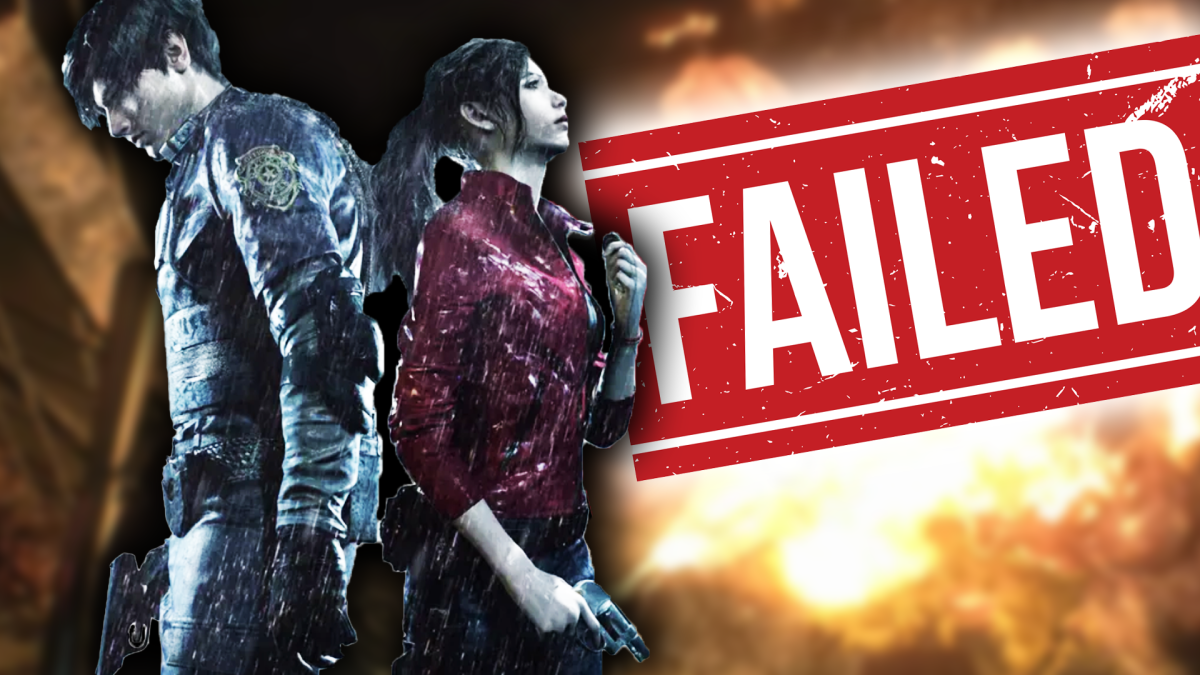 Eine Bildmontage, die Claire Valentine und Leon S. Kennedy aus Resident Evil 2 Remake zeigt - daneben: ein roter Failed-Button.