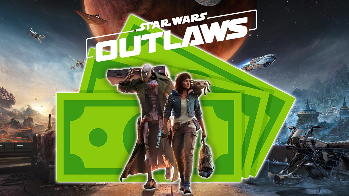 Ein Artwork von Star Wars Outlaws mit Geldscheinen dahinter.