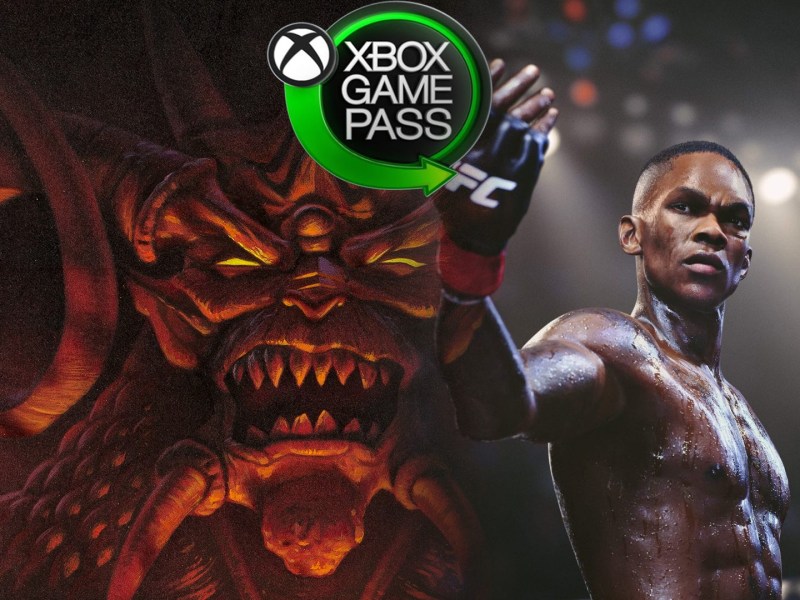 Collage aus Diablo und EA Sports UFC 5, versehen mit dem Xbox Game Pass Logo.