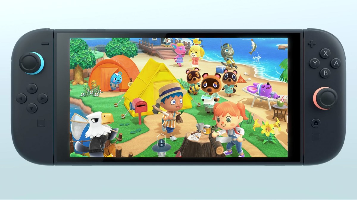 Bildmontage von der Nintendo Switch 2 mit einem Artwork aus Animal Crossing: New Horizons.