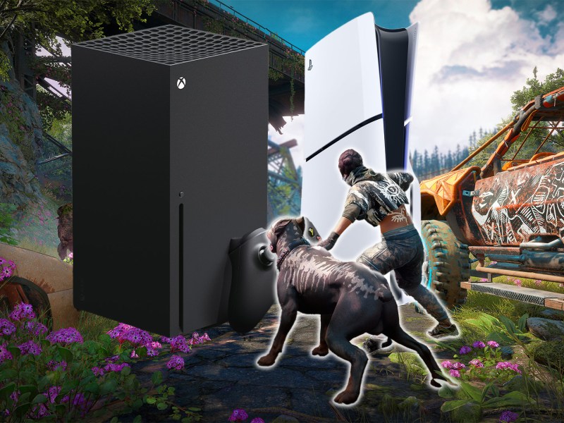 Bildmontage: Artwork von Far Cry New Dawn versehen mit der PS5 und Xbox Series X|S.