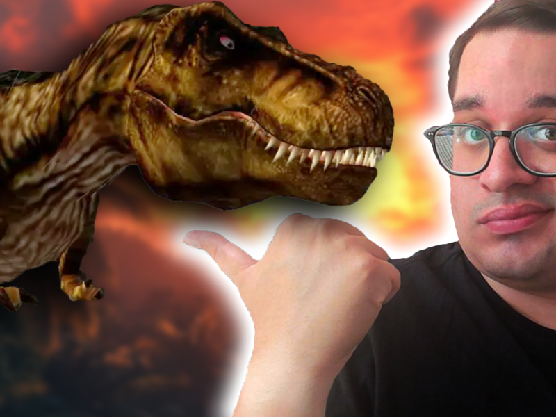 Eine Bildmontage, die einen Tyrannosaurus Rex zeigt, neben einem Redakteur von 4P