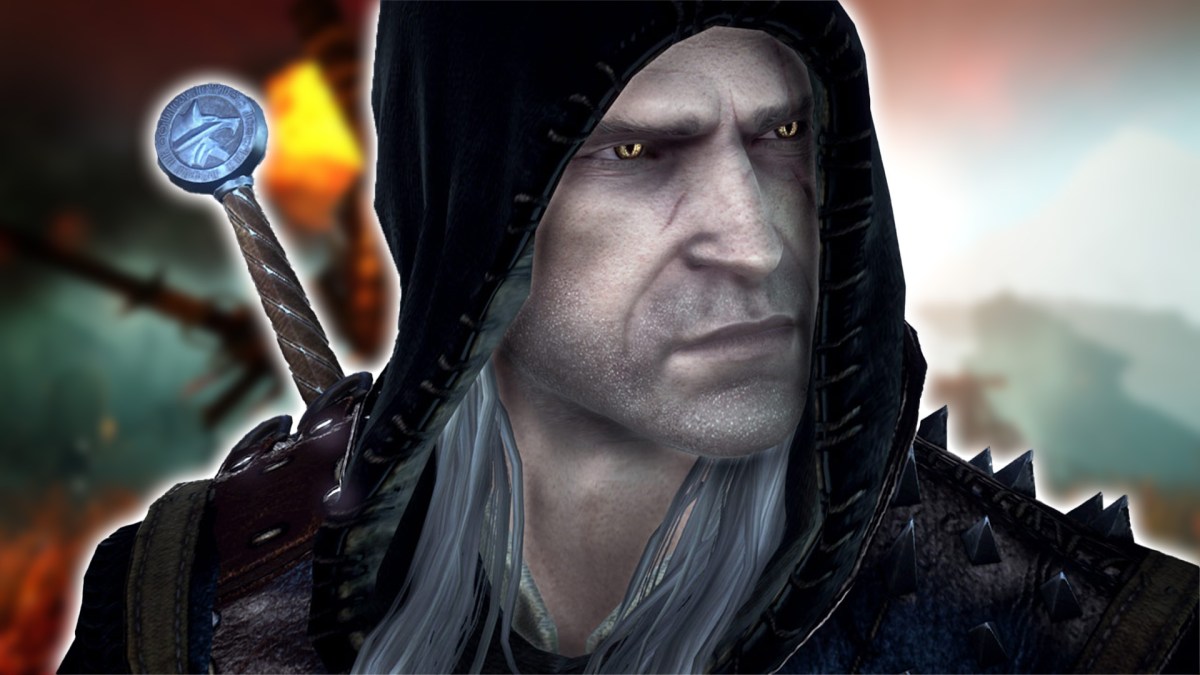 Ein Screenshot aus The Witcher 2 mit einem großen Geralt davor.