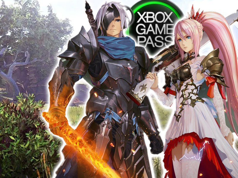 Screenshot aus Tales of Arise mit den Protagonistinnen im Vordergrund. Zu sehen ist auÃŸerdem das Logo des Xbox Game Pass.