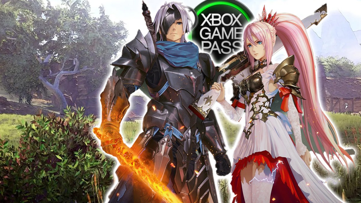 Screenshot aus Tales of Arise mit den Protagonistinnen im Vordergrund. Zu sehen ist auÃŸerdem das Logo des Xbox Game Pass.