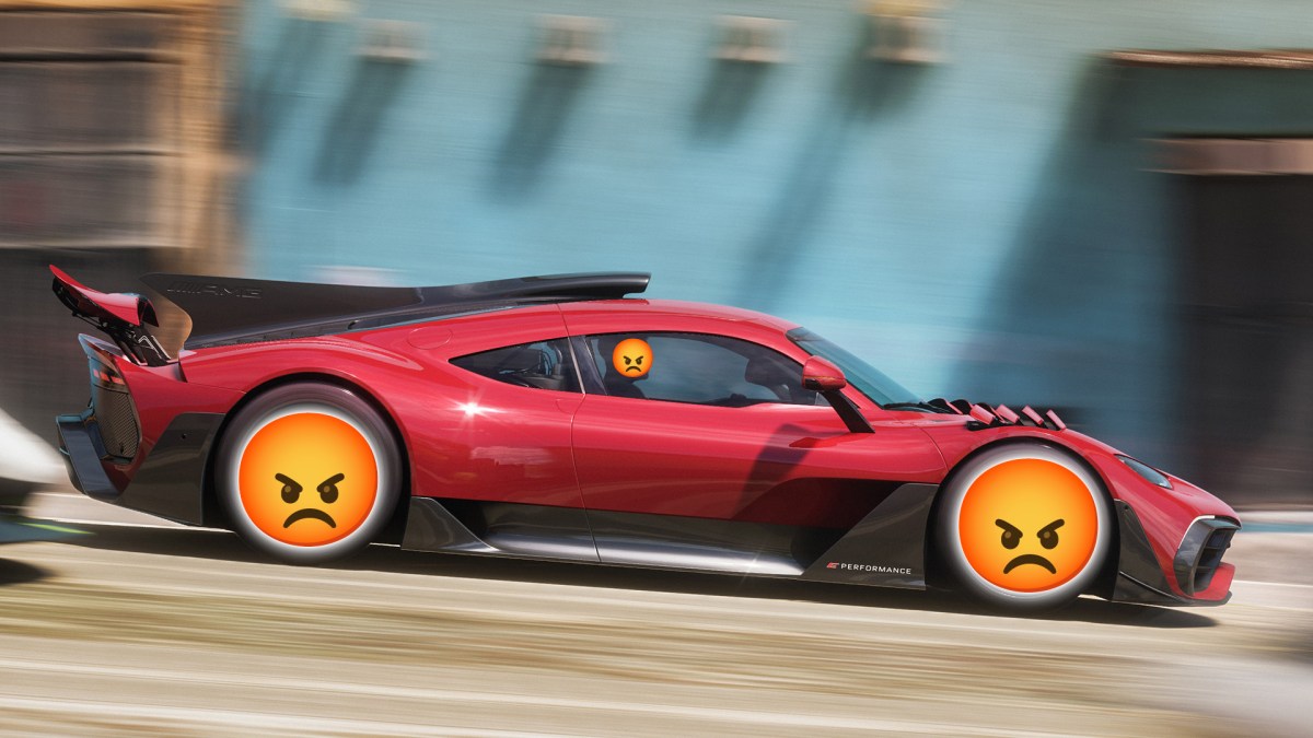 Ein Screenshot von Forza Horizon 5 mit wütenden Smileys als Reifen.