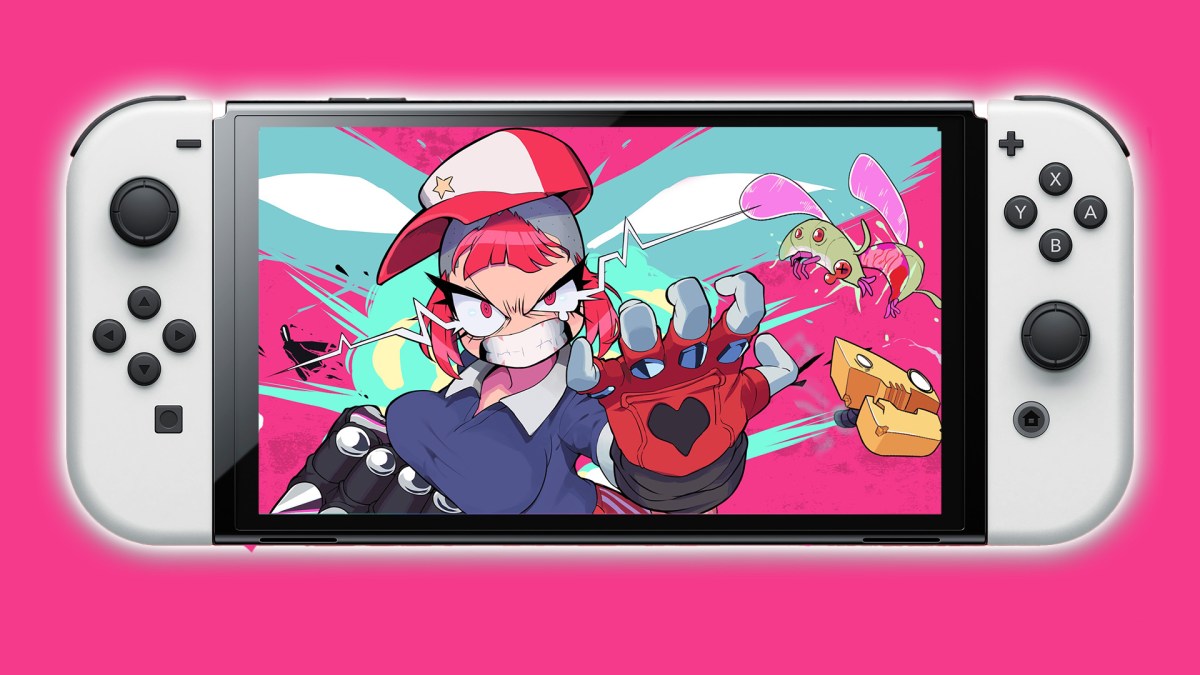 Eine Nintendo Switch mit einem pinken Hintergrund.