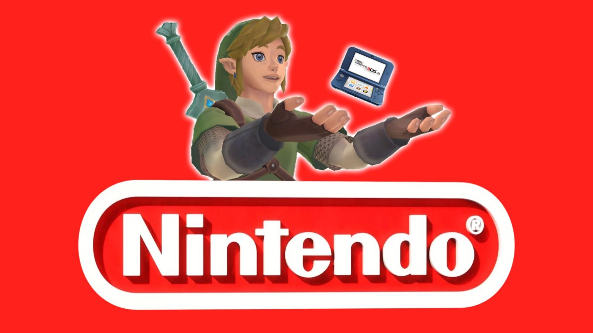 Das Nintendo-Logo, Link und ein 3DS auf rotem Hintergrund.